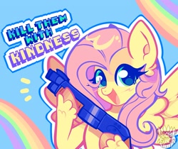 Size: 2191x1840 | Tagged: safe, artist:acid-fangs, derpibooru import, fluttershy, pegasus, pony, g4, blue eyelashes, blue pupils, blush scribble, blushing, colored eyelashes, colored hooves, colored pupils, colorful, emanata, eyelashes, female, gun, holding gun, hoof hold, hooves, lookign at you, looking at you, mare, open mouth, open smile, outline, rainbow, shiny hooves, shiny mane, shotgun, smiling, smiling at you, solo, spread wings, text, thick eyelashes, unshorn fetlocks, watermark, weapon, white outline, wings