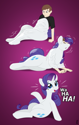 Size: 1531x2406 | Tagged: safe, artist:redpaladin, derpibooru import, rarity, goo, human, pony, g4, absorption, bondage, emanata, encasement, eyes closed, female, gradient background, human male, human to pony, male, male to female, mare, open mouth, open smile, purple background, raised hoof, raised leg, rule 63, simple background, sitting, smiling, solo, species swap, transformation, transformation sequence, transgender transformation, wahaha