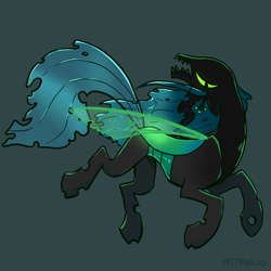 Size: 2048x2048 | Tagged: safe, artist:pfeffaroo, derpibooru import, queen chrysalis, changeling, changeling queen, g4, evil smile, green background, sharp teeth, simple background, smiling, solo, teeth