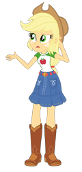 Size: 1900x3966 | Tagged: safe, artist:gmaplay, derpibooru import, applejack, human, better together, choose your own ending, constructive criticism, equestria girls, g4, applejack's skirt, arm behind head, arms, belt, boots, breasts, bust, clothes, collar, denim, denim skirt, eyelashes, female, fingers, freckles, hand, legs, long hair, open mouth, ponytail, shirt, shoes, short sleeves, simple background, skirt, solo, standing, teenager, transparent background