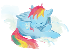 Size: 1864x1316 | Tagged: safe, artist:spectralunicorn, derpibooru import, rainbow dash, pegasus, pony, g4, closed mouth, cloud, curled up, eyes closed, feathered wings, female, folded wings, full body, head turn, mare, on a cloud, sleeping, sleeping on a cloud, smiling, solo, wings