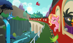 Size: 1998x1181 | Tagged: safe, artist:pelinstwinkle, derpibooru import, luster dawn, bird, griffon, pony, unicorn, g4, female, horn, mare, mountain, river, train, tree, vector used, water, waterfall