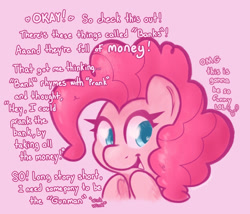 Size: 891x761 | Tagged: safe, artist:dynamosaysrelax, derpibooru import, pinkie pie, earth pony, pony, g4, bank, coy, crime, cute, devious, evil planning in progress, female, funny, looking sideways, open mouth, pink background, pinkiebetes, prank, simple background, solo, text, this will end in jail time, this will not end well