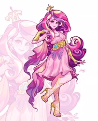 Size: 1662x2048 | Tagged: safe, artist:libbly_libby, derpibooru import, princess cadance, human, g4, belt, blushing, bracelet, clothes, crown, female, high heels, humanized, jewelry, kotobukiya, kotobukiya princess cadance, long hair, looking at you, pink dress, pink hair, regalia, shoes, simple background, smiling, smiling at you, solo, stockings, thigh highs, white background, zoom layer