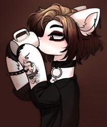 Size: 1824x2160 | Tagged: safe, artist:konejo, derpibooru import, oc, oc only, earth pony, pony, g4, choker, clothes, coffee, cup, drink, drinking, ear fluff, ear piercing, ears, female, gradient background, looking at something, mare, mug, piercing, signature, solo, tattoo