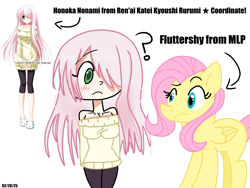 Size: 2048x1536 | Tagged: source needed, safe, anonymous artist, derpibooru import, fluttershy, human, pegasus, pony, g4, anime, bangs, clothes, crossover, duo, duo female, eyelashes, female, hair over one eye, honoka nonami, human female, look-alike, looking at each other, looking at someone, off shoulder, question mark, renai kateikyoushi rurumi coordinate, signature, similarities, simple background, sweater