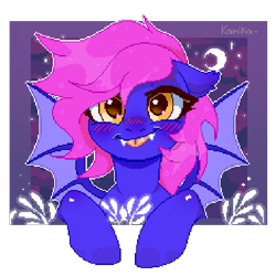 Size: 600x600 | Tagged: safe, artist:3akypo, derpibooru import, oc, oc:windvile, bat pony, abstract background, bat pony oc, bust, commission, digital art, fangs, female, looking at you, membranous wings, partially transparent background, pixel art, portrait, smiling, wings, ych result