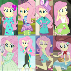 Size: 2000x2000 | Tagged: safe, artist:frankcrazy16, derpibooru import, edit, edited screencap, screencap, fluttershy, human, better together, equestria girls, five to nine, forgotten friendship, friendship games, g4, holidays unwrapped, i'm on a yacht, movie magic, so much more to me, sunset's backstage pass!, blizzard or bust, clothes, collage, equestria girls specials, female, fluttershy's wetsuit, music festival outfit, outfit catalog, solo, wetsuit, winter outfit