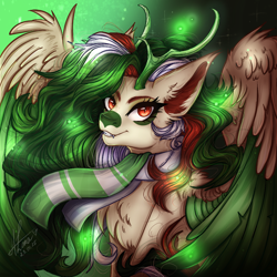 Size: 1080x1080 | Tagged: safe, artist:fraise, derpibooru import, deer, deer pony, hybrid, original species, pony, bust, clothes, detailed, horns, portrait, scarf, solo, striped scarf