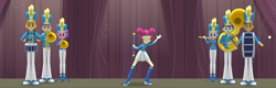 Size: 3364x1080 | Tagged: safe, derpibooru import, edit, edited screencap, screencap, majorette, human, equestria girls, friendship games, g4, azura wrap, bass drum, baton switch, baton twirler, boots, clothes, composite screencap, cranberry mint, drums, female, flute, gloves, golden brass, hat, male, marching band uniform, melody flight, musical instrument, pants, pumpkin treat, shoes, skirt, sousaphone, trombone, trumpet, tuba, uniform, woody winds