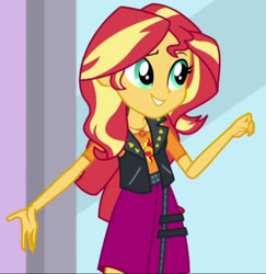 Size: 1290x1327 | Tagged: safe, derpibooru import, screencap, sunset shimmer, human, a fine line, better together, equestria girls, g4, belt, clothes, cropped, cutie mark on clothes, eyebrows, geode of empathy, grin, jewelry, leather, leather belt, leather vest, magical geodes, necklace, pink skirt, raised eyebrow, shirt, shoulderless, shoulderless shirt, skirt, smiling, solo, spikes, studs, teenager, teeth, vest