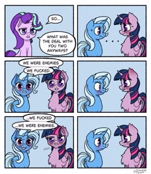 Size: 2500x2878 | Tagged: safe, artist:simpledoggo, derpibooru import, starlight glimmer, trixie, twilight sparkle, twilight sparkle (alicorn), alicorn, pony, unicorn, g4, ..., blushing, chest fluff, comic, female, grin, gritted teeth, horn, implied sex, lesbian, male, mare, open mouth, shipping, smiling, speech bubble, sweat, sweatdrop, teeth, trio, trio female, twixie, vulgar