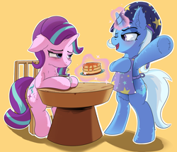 Size: 5000x4272 | Tagged: safe, artist:sirbreadstick99, derpibooru import, starlight glimmer, trixie, pony, unicorn, g4, apron, bags under eyes, bipedal, blue coat, breakfast, chest fluff, clothes, coffee, coffee mug, cute, digital art, duo, duo female, ear fluff, ears, female, floppy ears, food, glowing, glowing horn, hat, hoof fluff, horn, indoors, lesbian, looking at each other, looking at someone, magic, mug, nightcap, one eye closed, orange background, outline, pancakes, pink coat, pose, purple eyes, purple mane, raised hoof, raised leg, shipping, simple background, sitting, smiling, smiling at each other, startrix, syrup, telekinesis, underhoof, white mane, white outline, wink