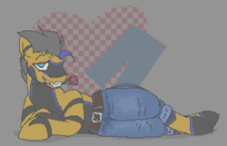 Size: 1275x819 | Tagged: safe, artist:kangatooth, derpibooru import, oc, oc only, oc:cole (kangatooth), earth pony, bedroom eyes, belt, bill wurtz, checkered background, clothes, colored, flower, flower in mouth, grin, heart, lying down, mouth hold, on side, pants, rose, rose in mouth, smiling, solo, sultry pose