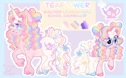 Size: 2048x1277 | Tagged: safe, artist:flitterjitters, derpibooru import, oc, oc:teaflower, pony, unicorn, female, glasses, horn, mare, reference sheet, solo