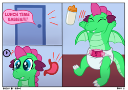 Size: 4960x3508 | Tagged: safe, derpibooru import, oc, oc only, oc:goldigony, dragon, comic:scales at school, baby bottle, comic, dialogue, diaper, door, dragoness, excited, eyes closed, female, happy, high res, school, solo, spread wings, webcomic, wings