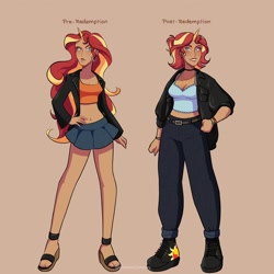 Size: 2048x2048 | Tagged: safe, artist:timelessclownry, derpibooru import, sunset shimmer, human, g4, alternate hairstyle, beige background, belly, belly button, belt, boots, bracelet, breasts, choker, clothes, denim, ear piercing, earring, feet, female, grin, horn, horned humanization, humanized, jacket, jeans, jewelry, leather, leather jacket, midriff, pants, piercing, sandals, shoes, short shirt, simple background, skirt, smiling, solo