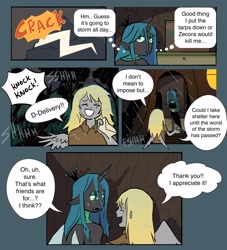 Size: 2572x2833 | Tagged: safe, artist:stevetwisp, derpibooru import, derpy hooves, queen chrysalis, anthro, changeling, changeling queen, human, comic:bugmuffins, g4, blushing, comic, derpalis, duo, female, four arms, humanized, lesbian, letter, lightning, multiple arms, pony coloring, shipping, speech bubble, sweat, thought bubble, thunderstorm, winged humanization, wings