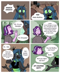 Size: 2000x2412 | Tagged: safe, artist:stevetwisp, derpibooru import, queen chrysalis, starlight glimmer, anthro, changeling, changeling queen, human, comic:bugmuffins, g4, blushing, clothes, comic, dialogue, fangs, four arms, horn, horned humanization, humanized, implied derpalis, implied derpy, knocking, multiple arms, pony coloring, shirt, speech bubble, sweat