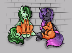 Size: 3508x2585 | Tagged: safe, artist:kirari_chan, derpibooru import, oc, oc only, oc:eden shallowleaf, oc:queen taislyis, alicorn, changeling, pegasus, pony, alicorn oc, brick wall, clothes, commission, commission open, cute, duo, eyes closed, finished commission, folded wings, giggling, happy, horn, laughing, looking at each other, looking at someone, pegasus oc, prison, prison outfit, prisoner, raised hoof, raised leg, simple background, sitting, sketch, smiling, smiling at each other, wings