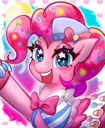 Size: 1678x2048 | Tagged: safe, artist:aiyu_berry, derpibooru import, pinkie pie, earth pony, pony, g4, suited for success, blushing, bow, candy, candy corn, clothes, cute, diapinkes, dress, female, food, gala dress, hat, hoof shoes, lollipop, looking at you, mare, my little pony: friendship is magic, open mouth, open smile, pinkie pie's first gala dress, smiling, smiling at you, solo, sprinkles in mane