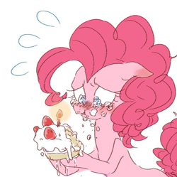 Size: 796x792 | Tagged: safe, artist:nota_mano, derpibooru import, pinkie pie, earth pony, pony, g4, :t, blush lines, blushing, cake, candle, crying, cute, diapinkes, ears, eating, emanata, female, floppy ears, food, frown, herbivore, holding, jpg artifacts, looking at something, mare, pinkie cry, plewds, sad, sadorable, simple background, snot, solo, strawberry, sweat, sweatdrops, teary eyes, upper body, wavy mouth, white background