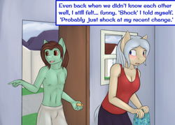 Size: 1280x916 | Tagged: safe, artist:daf, derpibooru import, part of a set, oc, oc only, oc:cocoa, anthro, earth pony, blushing, clothes, door, doorway, duo, duo male and female, female, house, indoors, male, nudity, partial nudity, rule 63, topless, window