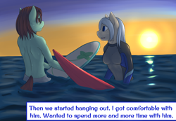 Size: 1280x887 | Tagged: safe, artist:daf, derpibooru import, part of a set, oc, oc only, oc:cocoa, anthro, earth pony, blushing, duo, duo male and female, female, male, ocean, outdoors, rule 63, sunset, surfboard, text, water, wetsuit