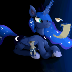 Size: 4000x4000 | Tagged: safe, artist:sonatadidit, derpibooru import, princess luna, smarty pants, alicorn, fanfic:letters from a little princess monster, g4, coffee, duo, fanfic art, female, gradient background, letter, solo focus