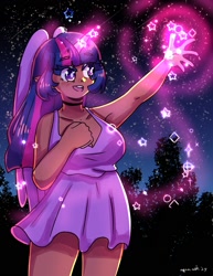 Size: 1545x2000 | Tagged: safe, artist:mylittleyuri, derpibooru import, twilight sparkle, human, g4, alicorn humanization, breasts, cleavage, clothes, dark skin, dress, elf ears, female, glowing, glowing horn, headlight sparkle, horn, horned humanization, humanized, magic, night, open mouth, open smile, outdoors, short dress, smiling, solo, winged humanization, wings