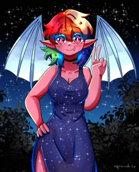 Size: 1623x2000 | Tagged: safe, artist:mylittleyuri, derpibooru import, part of a set, rainbow dash, human, g4, bat wings, black dress, breasts, cleavage, clothes, dress, elf ears, female, hand on hip, humanized, looking at you, night, outdoors, peace sign, rainboob dash, smiling, smiling at you, solo, tan skin, winged humanization, wings