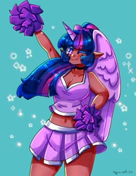 Size: 1545x2000 | Tagged: safe, artist:mylittleyuri, derpibooru import, twilight sparkle, human, g4, alicorn humanization, belly, belly button, blush lines, blushing, breasts, cheerleader, cheerleader outfit, cleavage, clothes, dark skin, elf ears, female, hand on hip, headlight sparkle, heart, heart eyes, horn, horned humanization, humanized, looking at you, midriff, one eye closed, pom pom, simple background, skirt, smiling, smiling at you, teal background, white pupils, wingding eyes, winged humanization, wings, wink, winking at you