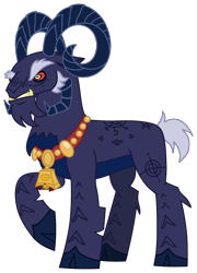 Size: 2517x3505 | Tagged: safe, artist:majorleaguegamintrap, artist:thanos246, derpibooru import, grogar, g1, g4, bell, coat markings, dark skin, g1 to g4, generation leap, gold, grogar's bell, hooves, horns, red eyes, redesign, sash, simple background, solo, transparent background, yellow teeth