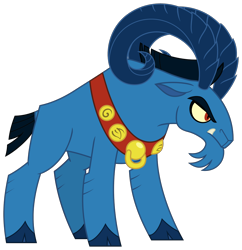 Size: 3552x3663 | Tagged: safe, artist:majorleaguegamintrap, derpibooru import, grogar, g4, black mane, fangs, gold, golden eyes, hooves, horns, sash, simple background, solo, transparent background, young, younger