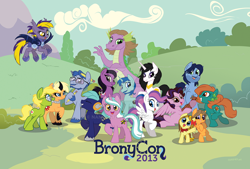 Size: 1024x693 | Tagged: safe, artist:trish forstner, derpibooru import, oc, oc:blank canvas, oc:hoof beatz, oc:mane event, dragon, earth pony, pegasus, pony, unicorn, amy keating rogers, andy price, brenda crichlow, bronycon, bronycon 2013, bronycon mascots, cathy weseluck, deviantart watermark, earth pony oc, female, g.m. berrow, horn, katie cook, lee tockar, m.a. larson, madeleine peters, male, mare, michelle creber, nicole oliver, obtrusive watermark, outdoors, pegasus oc, ponified, species swap, stallion, unicorn oc, watermark