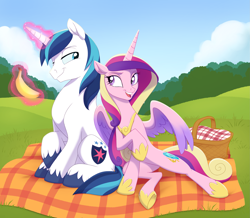 Size: 2423x2111 | Tagged: safe, artist:lummh, artist:maybehawthorn, derpibooru import, princess cadance, shining armor, alicorn, pony, unicorn, g4, banana, basket, crown, duo, duo male and female, female, food, hoof shoes, horn, jewelry, levitation, magic, male, mare, open mouth, open smile, outdoors, partially open wings, peytral, picnic, picnic basket, picnic blanket, princess shoes, regalia, sitting, smiling, smirk, stallion, style test, telekinesis, the princess of love test art, unshorn fetlocks, wings