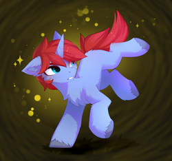 Size: 5121x4786 | Tagged: safe, artist:empress-twilight, derpibooru import, oc, oc only, oc:blaise peregrine, pony, unicorn, fanfic:new worlds, absurd resolution, adult blank flank, blank flank, blue coat, blue eyes, blue hooves, blue pupils, bucking, butt fluff, cheek fluff, chest fluff, colored eyelashes, colored hooves, colored pupils, commission, ear fluff, ears, fanfic art, frown, gradient background, gray hooves, head turn, hock fluff, hooves, horn, leg fluff, looking back, male, male oc, narrowed eyes, one ear down, red eyelashes, red mane, red tail, shiny mane, shiny tail, sparkles, stallion, stallion oc, tail, three quarter view, unicorn horn, unicorn oc, unshorn fetlocks, ych result