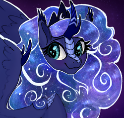 Size: 1850x1754 | Tagged: safe, artist:shaslan, derpibooru import, princess luna, kirin, g4, blue eyes, blue mane, blue tail, cloven hooves, crescent horn, crescent moon, crown, digital art, ethereal mane, ethereal tail, eyebrows, eyelashes, eyeshadow, female, flowing mane, flowing tail, glowing, gradient background, jewelry, kirin luna, kirin-ified, logo, looking at you, makeup, mare, moon, regalia, scales, signature, smiling, smiling at you, solo, species swap, starry mane, starry tail, stars, tail, unshorn fetlocks