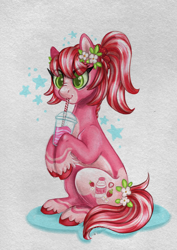 Size: 2577x3649 | Tagged: safe, artist:pastelpalette, derpibooru import, oc, oc only, oc:strawberry milk, pony, big eyes, cute, drink, drinking, drinking straw, food, happy, milk, pink coat, sitting, strawberry