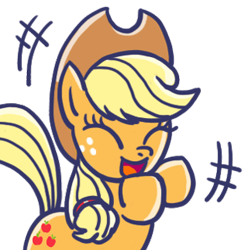 Size: 320x320 | Tagged: safe, derpibooru import, edit, applejack, earth pony, pony, g4, ^^, applejack's hat, clothes, cowboy hat, cropped, cute, emanata, eyes closed, female, hat, jackabetes, line sticker, mare, open mouth, open smile, raised hooves, simple background, smiling, solo, transparent background, upper body