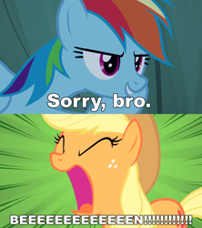 Size: 1280x1440 | Tagged: safe, derpibooru import, edit, applejack, rainbow dash, earth pony, pegasus, pony, campfire tales, g4, over a barrel, season 1, season 7, ben phillips, caption, duo, duo female, elliot giles, female, image macro, mare, my little pony: friendship is magic, speed lines, text