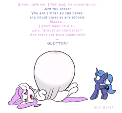 Size: 1401x1307 | Tagged: safe, artist:bun_burst, derpibooru import, princess celestia, princess luna, alicorn, pony, g4, belly, big belly, huge belly, implied cakelestia, impossibly large belly, near bursting, open mouth, overeating, round belly, simple background, stuffed belly, this will end in weight gain, tongue, tongue out, white background