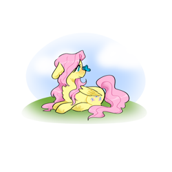 Size: 2048x2048 | Tagged: safe, artist:cheesymorgue, derpibooru import, fluttershy, butterfly, pegasus, pony, g4, blue sky, blush scribble, blushing, butterfly on nose, chest fluff, closed mouth, day, ear fluff, ears, feathered wings, female, floppy ears, folded wings, full body, grass, head turn, insect on nose, long mane, long tail, looking at something, lying down, mare, no pupils, outdoors, prone, requested art, side view, sky, smiling, solo, tail, unshorn fetlocks, wavy mane, wavy tail, wings