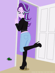 Size: 2400x3200 | Tagged: safe, artist:gibsterboy5, derpibooru import, starlight glimmer, human, equestria girls, g4, against wall, boots, breasts, clothes, complex background, denim, door, doorway, eyeshadow, female, high heel boots, high heels, high res, indoors, jacket, jeans, leather, leather jacket, looking at you, looking back, looking back at you, makeup, midriff, multicolored hair, pants, platform boots, platform heels, platform shoes, raised leg, seductive, seductive pose, shirt, shoes, signature, smiling, smiling at you, solo, standing, standing on one leg