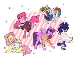 Size: 3488x2673 | Tagged: safe, artist:alexbeeza, derpibooru import, fluttershy, pinkie pie, rainbow dash, rarity, twilight sparkle, twilight sparkle (alicorn), alicorn, earth pony, pegasus, pony, unicorn, g4, :d, ^^, alternate hairstyle, black dress, blazer, blush sticker, blushing, button-up shirt, choker, closed mouth, clothes, collared shirt, cross, cross necklace, curly hair, curly mane, death note, dress, dress shirt, ear piercing, earring, eyebrows, eyes closed, feathered wings, female, flying, full body, grin, group, hair over one eye, happy, hoof gloves, horn, jewelry, l, lidded eyes, light yagami, long sleeves, looking at you, looking back, looking back at you, looking forward, mare, matsuda touta, misa amane, near (death note), necklace, necktie, open mouth, open smile, piercing, raised hoof, raised leg, red eyes, shirt, short hair rainbow dash, side view, sitting, smiling, smiling at you, standing, stars, striped background, suit, three quarter view, underhoof, url, walking, white pupils, white shirt, wings