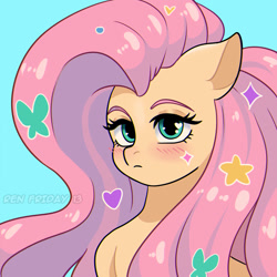 Size: 1000x1000 | Tagged: safe, artist:renfriday13, derpibooru import, fluttershy, pony, g4, blushing, bust, female, frown, long mane, looking at you, mare, portrait, simple background, solo, watermark