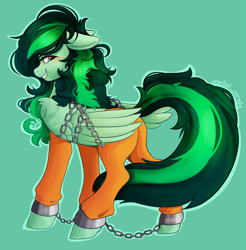 Size: 2609x2655 | Tagged: safe, artist:jezebel-remedy, derpibooru import, oc, oc only, oc:eden shallowleaf, pegasus, bound wings, butt, chained, chains, clothes, commissioner:rainbowdash69, green background, jumpsuit, never doubt rainbowdash69's involvement, pegasus oc, plot, prison outfit, simple background, solo, wings