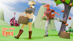 Size: 4800x2700 | Tagged: safe, artist:reinbou, derpibooru import, applejack, oc, oc:katon ora, anthro, earth pony, plantigrade anthro, series:apple of his eyes, g4, 3d, apple, apple tree, applebucking, applejack's hat, applerack, basket, blender, blender cycles, boots, breasts, clothes, commission, cowboy hat, daisy dukes, denim, denim shorts, duo, duo male and female, emanata, farm, female, food, front knot midriff, grass, hat, kicking, looking at someone, looking back, male, midriff, outdoors, shirt, shoes, shorts, sweat, sweatdrops, sweet apple acres, tree