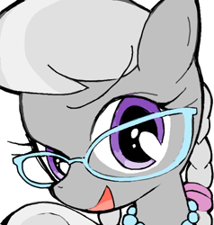 Size: 600x630 | Tagged: dead source, safe, artist:gou tutiduki, derpibooru import, silver spoon, earth pony, pony, g4, 2012, :d, aside glance, braid, bust, close-up, dilated pupils, female, filly, foal, glasses, jewelry, looking at you, necklace, oekaki, old art, open mouth, open smile, pearl necklace, portrait, simple background, smiling, smiling at you, smug, solo, three quarter view, white background