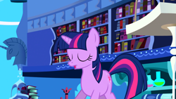 Size: 1920x1080 | Tagged: safe, derpibooru import, screencap, twilight sparkle, unicorn twilight, pony, unicorn, friendship is magic, g4, book, bookshelf, eyes closed, female, horn, mare, my little pony: friendship is magic, solo, twilight's canterlot home